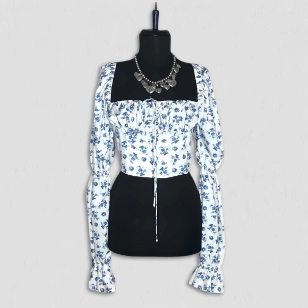 Vintage Y2K Floral Cropped Top Blue and White Medium - Picture 3 of 13
